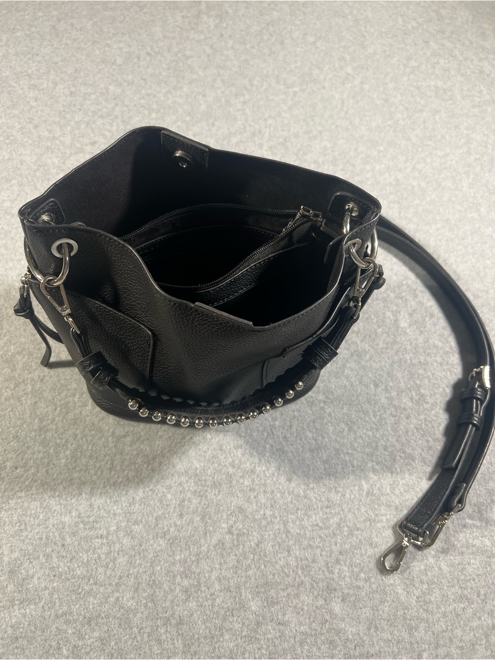 Steve Madden Black Pebbled Faux Leather Stud-Trim Bucket Bag - Picture 13 of 16